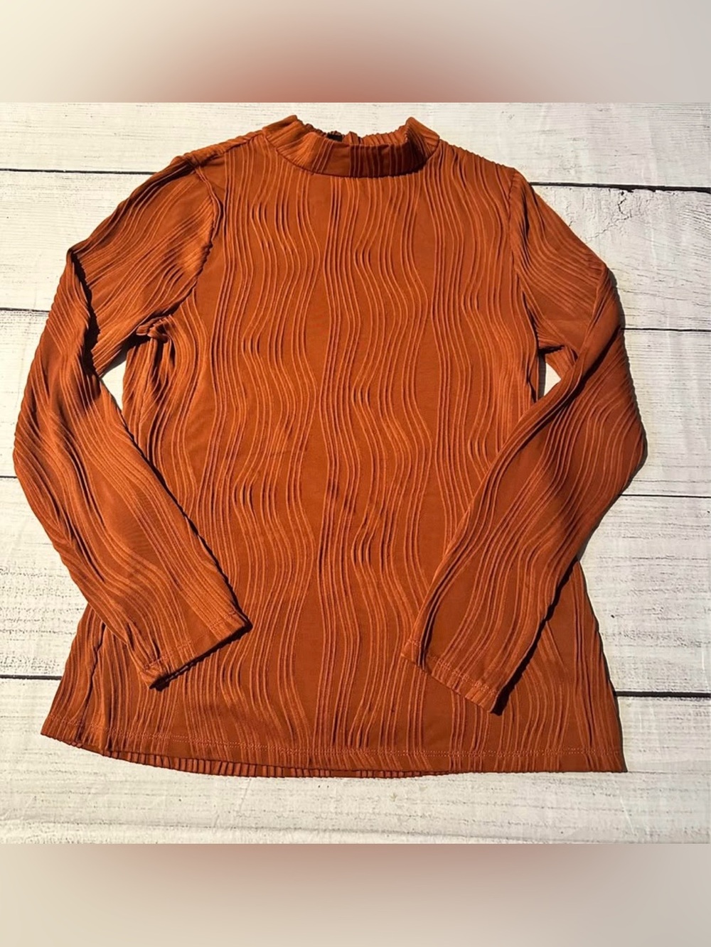 Robert Louis Ribbed Wave-Texture Long Sleeve Top in Rust Orange
